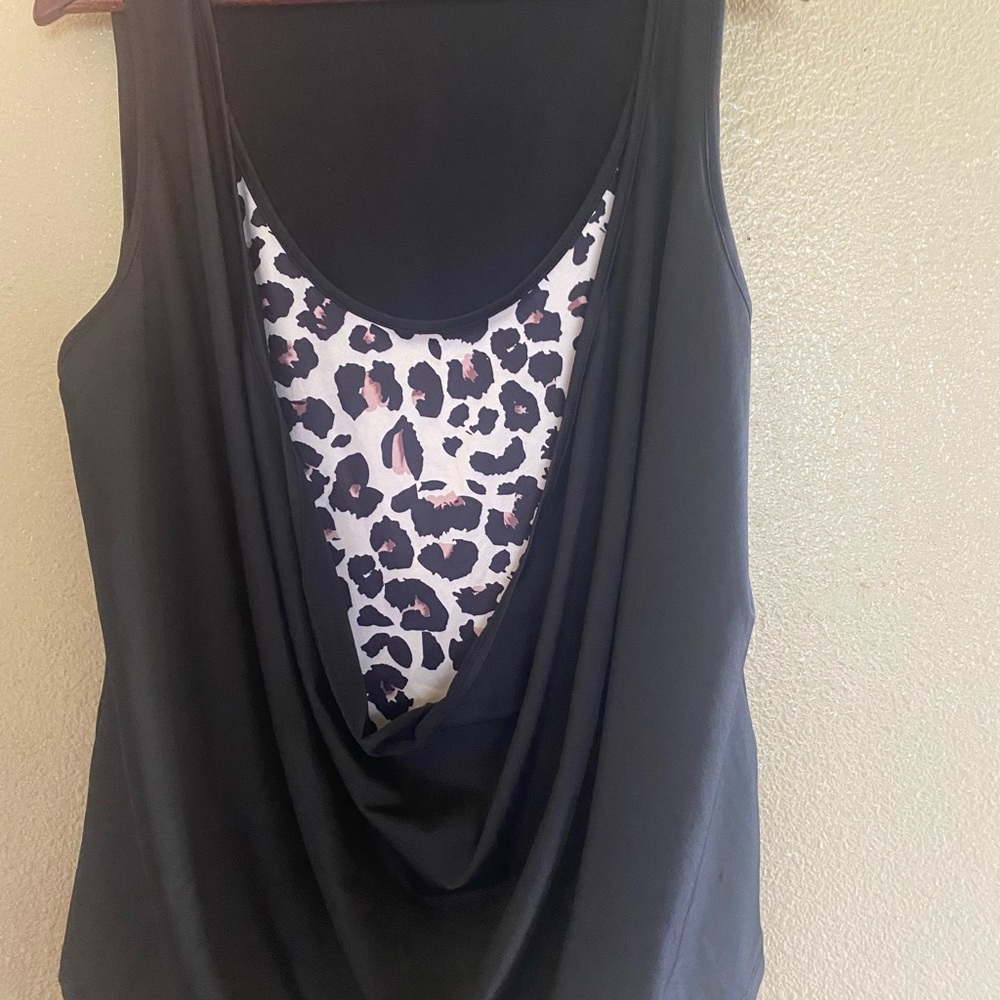 Black and White Asymmetrical Sleeveless Tank Top with leopard accent print 2xl